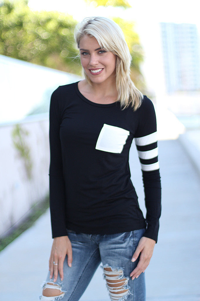 Women Pocket Patchwork T-Shirt Simple Striped Tops Tee O-Neck Long Sleeve Casual T Shirts Grey Wine Red Black T Shirts GV257