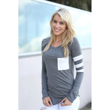 Women Pocket Patchwork T-Shirt Simple Striped Tops Tee O-Neck Long Sleeve Casual T Shirts Grey Wine Red Black T Shirts GV257