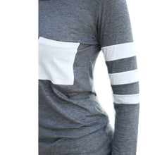 Women Pocket Patchwork T-Shirt Simple Striped Tops Tee O-Neck Long Sleeve Casual T Shirts Grey Wine Red Black T Shirts GV257