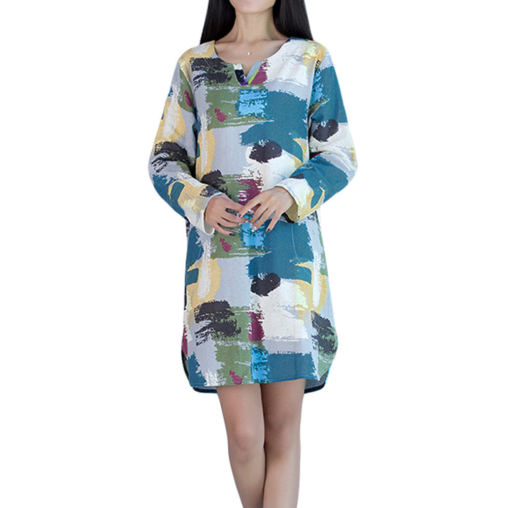 women-retro-linen-dress-contrast-print-pockets-graffiti-dress-round-neck-long-sleeve-loose-mini-xxl-fall-dress-rose-blue-purple BBL