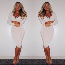 Women Set Tie Up V-neck Long Sleeve Crop Tops+Skirts 2 Pieces Clothing Bust Hollow Out Solid Suit Slim Clubwear X0371