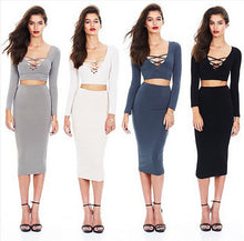 Women Set Tie Up V-neck Long Sleeve Crop Tops+Skirts 2 Pieces Clothing Bust Hollow Out Solid Suit Slim Clubwear X0371