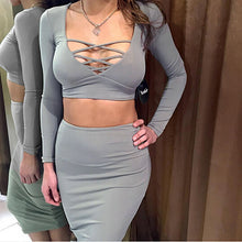 Women Set Tie Up V-neck Long Sleeve Crop Tops+Skirts 2 Pieces Clothing Bust Hollow Out Solid Suit Slim Clubwear X0371