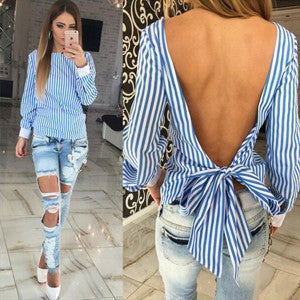 Women Sexy Bowknot Backless Striped Blouses Shirts Long Sleeve O neck Blouse Women Bandage Novelty Tops Plus Size