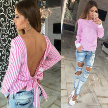 Women Sexy Bowknot Backless Striped Blouses Shirts Long Sleeve O neck Blouse Women Bandage Novelty Tops Plus Size