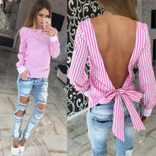 Women Sexy Bowknot Backless Striped Blouses Shirts Long Sleeve O neck Blouse Women Bandage Novelty Tops Plus Size