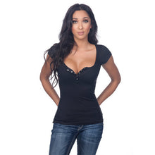 Women Short Sleeve T shirt Multicolor Tight Buttons Open Chest T-shirt V-Neck Women Clothing