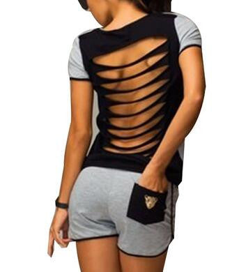 Women Sport Suit Sexy T-shirt Suit Hollow Out Sexy Sport Suits Women Jumpsuits Women Top + shorts Black Gray M0318