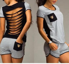 Women Sport Suit Sexy T-shirt Suit Hollow Out Sexy Sport Suits Women Jumpsuits Women Top + shorts Black Gray M0318