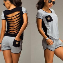 Women Sport Suit Sexy T-shirt Suit Hollow Out Sexy Sport Suits Women Jumpsuits Women Top + shorts Black Gray M0318