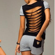 Women Sport Suit Sexy T-shirt Suit Hollow Out Sexy Sport Suits Women Jumpsuits Women Top + shorts Black Gray M0318