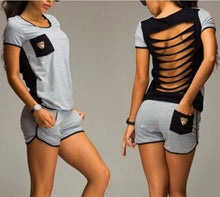 Women Sport Suit Sexy T-shirt Suit Hollow Out Sexy Sport Suits Women Jumpsuits Women Top + shorts Black Gray M0318