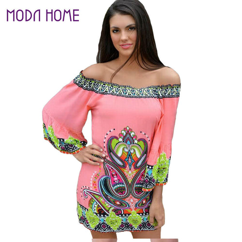 women-dress-off-shoulder-flare-sleeves-slash-neck-sexy-dress-printing-sundress-beach-dress-vestidos-pink BBL