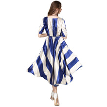 women-dress-striped-o-neck-elastic-waist-elegant-office-dress-asymmetrical-hem-belt-big-swing-evening-party-dress BBL