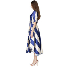 women-dress-striped-o-neck-elastic-waist-elegant-office-dress-asymmetrical-hem-belt-big-swing-evening-party-dress BBL