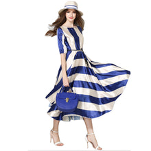 women-dress-striped-o-neck-elastic-waist-elegant-office-dress-asymmetrical-hem-belt-big-swing-evening-party-dress BBL