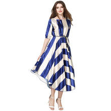 women-dress-striped-o-neck-elastic-waist-elegant-office-dress-asymmetrical-hem-belt-big-swing-evening-party-dress BBL