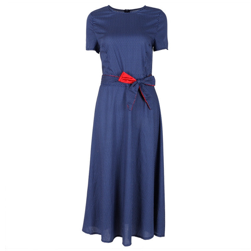 women-dresses-casual-short-sleeve-o-neck-blue-a-line-polka-dot-dress-with-sashes-womens-clothing-plus-size BBL