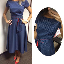 women-dresses-casual-short-sleeve-o-neck-blue-a-line-polka-dot-dress-with-sashes-womens-clothing-plus-size BBL
