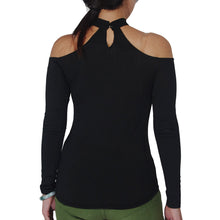 women-t-shirt-hollow-out-keyhole-halter-neck-top-long-sleeves-cold-shoulder-top-solid-slim-casual-tee-top-black BBL