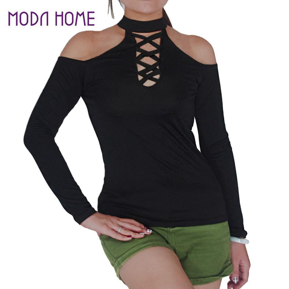 women-t-shirt-hollow-out-keyhole-halter-neck-top-long-sleeves-cold-shoulder-top-solid-slim-casual-tee-top-black BBL