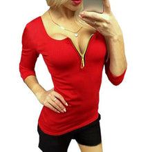 Women T shirt Sexy V Neck Zipper T shirts Plus Size Women Tops Slim Femininas Top Tees Long Sleeved Women Clothing