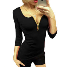 Women T shirt Sexy V Neck Zipper T shirts Plus Size Women Tops Slim Femininas Top Tees Long Sleeved Women Clothing