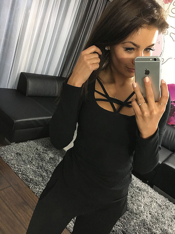 Women T shirt Casual Long Sleeve Hollow Out Spaghetti Strap Slim Long Sleeve Tops Tees Bandage T Shirts Top Femme GV399