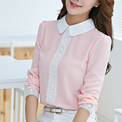 Women Tops Peter Pan Collar Chiffon Blouse Women Long Sleeve Lace Crochet Top Blouses White Pink Women Shirts J4046