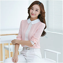 Women Tops Peter Pan Collar Chiffon Blouse Women Long Sleeve Lace Crochet Top Blouses White Pink Women Shirts J4046