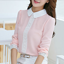 Women Tops Peter Pan Collar Chiffon Blouse Women Long Sleeve Lace Crochet Top Blouses White Pink Women Shirts J4046