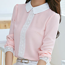 Women Tops Peter Pan Collar Chiffon Blouse Women Long Sleeve Lace Crochet Top Blouses White Pink Women Shirts J4046