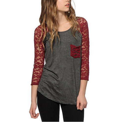 Women Tops & Tees Casual Lace Pachwork Three Quarter T-Shirts Slim O-neck T Shirt Women's Clothing Plus Size GV102