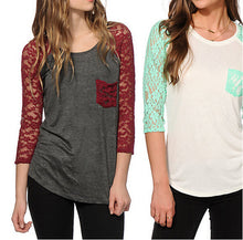 Women Tops & Tees Casual Lace Pachwork Three Quarter T-Shirts Slim O-neck T Shirt Women's Clothing Plus Size GV102