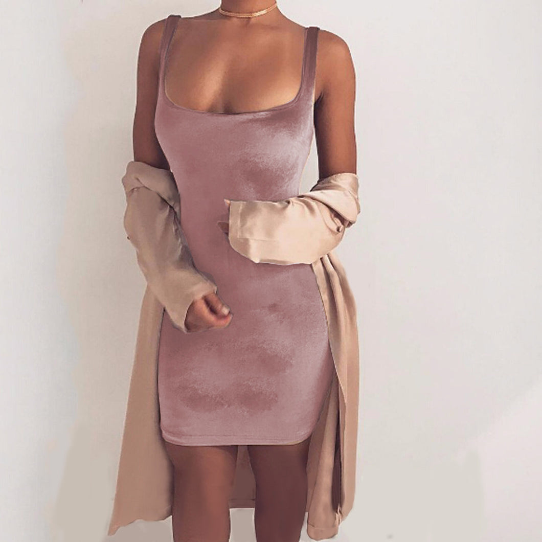 Women Velvet Bodycon Dress Sexy Scoop Collar Sleeveless Spaghetti Strap Club Mini Velvet Dress Robe Velours Strap Vestidos