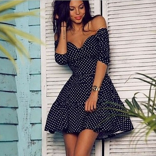 women-vintage-retro-sexy-swing-rockabilly-polka-dot-pinup-v-neck-strapless-dress BBL