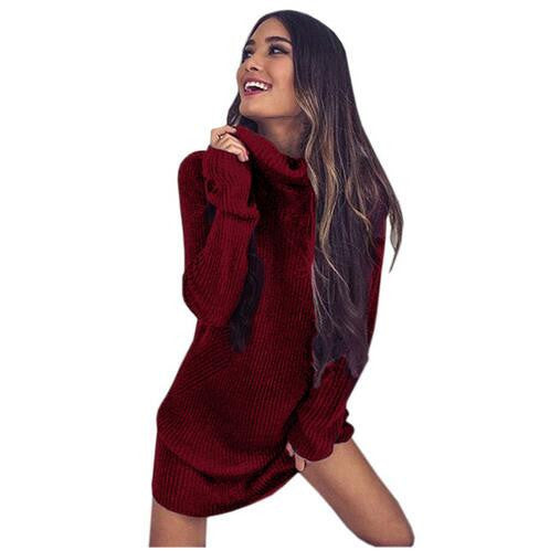 Women Knitted Sweater Dress Full Sleeve Turtleneck Sweater Dress Loose Solid Casual Mini Dress Vestidos GV380