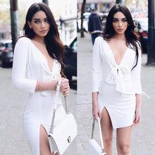 Women's Sexy V Neck Long Sleeve Dress Bowknot Split Dresses Bandage vestidosSilk Plus Size