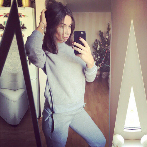 Women's 2piece Solid Women Warm Tracksuits Suit O-Neck Long sleeve Women Hoodies with Irregular Zipper Sportwear LX072