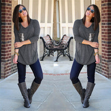 Women's Casual Sequins Pocket T Shirt O Neck Long Sleeve Loose Tops Pullover Solid t-shirts Plus Size M0185