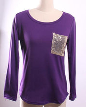 Women's Casual Sequins Pocket T Shirt O Neck Long Sleeve Loose Tops Pullover Solid t-shirts Plus Size M0185