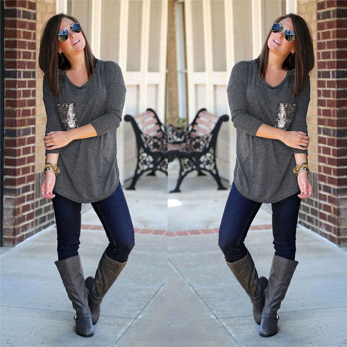 Women's Casual Sequins Pocket T Shirt O Neck Long Sleeve Loose Tops Pullover Solid t-shirts Plus Size M0185