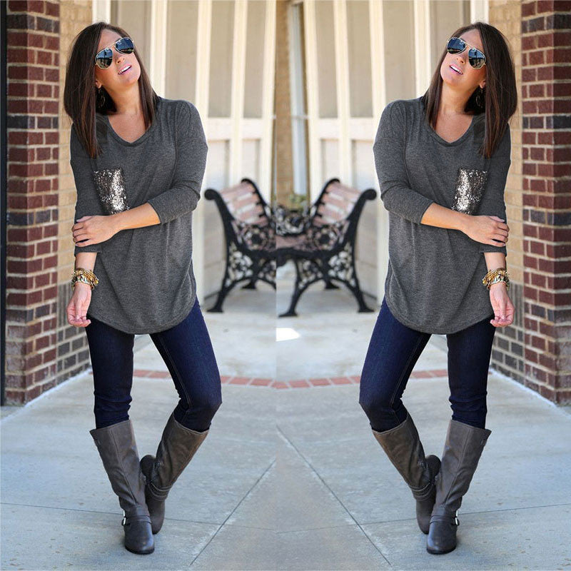 Women's Casual Sequins Pocket T Shirt O Neck Long Sleeve Loose Tops Pullover Solid t-shirts Plus Size M0185