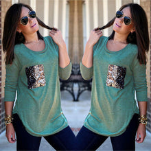 Women's Casual Sequins Pocket T Shirt O Neck Long Sleeve Loose Tops Pullover Solid t-shirts Plus Size M0185