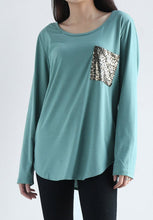 Women's Casual Sequins Pocket T Shirt O Neck Long Sleeve Loose Tops Pullover Solid t-shirts Plus Size M0185