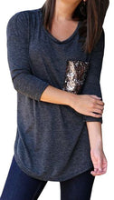 Women's Casual Sequins Pocket T Shirt O Neck Long Sleeve Loose Tops Pullover Solid t-shirts Plus Size M0185