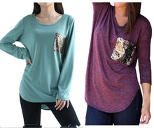 Women's Casual Sequins Pocket T Shirt O Neck Long Sleeve Loose Tops Pullover Solid t-shirts Plus Size M0185
