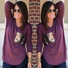 Women's Casual Sequins Pocket T Shirt O Neck Long Sleeve Loose Tops Pullover Solid t-shirts Plus Size M0185