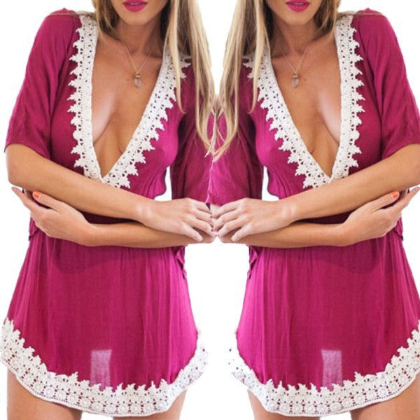 womens-deep-v-neck-sexy-mini-dress-short-sleeve-crohet-lace-hem-slim-dresses BBL