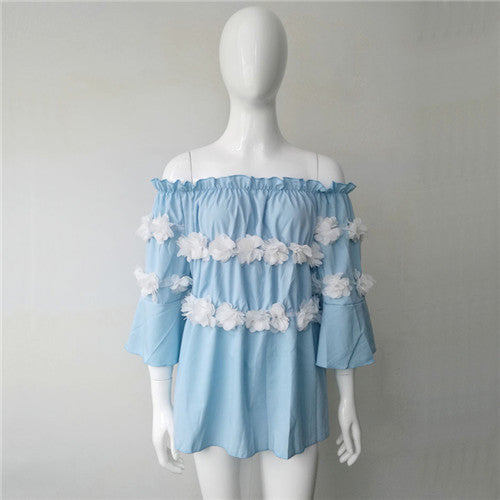 Women's Blouses Beach Women Tops Cute Flowers Off Shoulder Blouses And Shirts Slash Neck Flare Sleeve Shirt